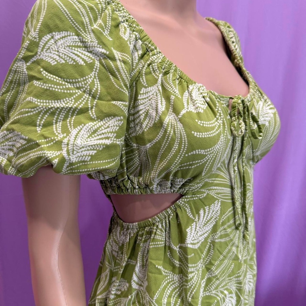 Japna Green Tropical Leaf Print Cut Out Puff Sleeve Mini Dress Women Small